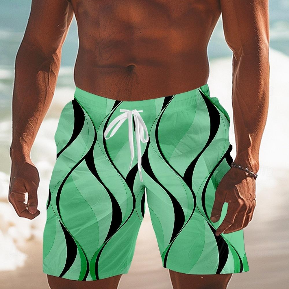 Men's Geometric Line Swim Trunks Swim Shorts Board Shorts Mid Waist Streetwear Hawaiian Vacation Drawstring Mesh Lining Elastic Waist