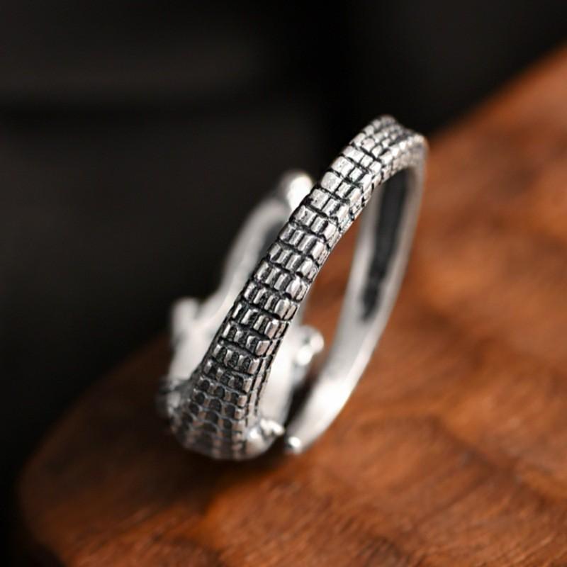 Anel Aberto Ajustável Masculino Feminino Prata Esterlina Design de Crocodilo Vintage Minimalista Joia Statement
