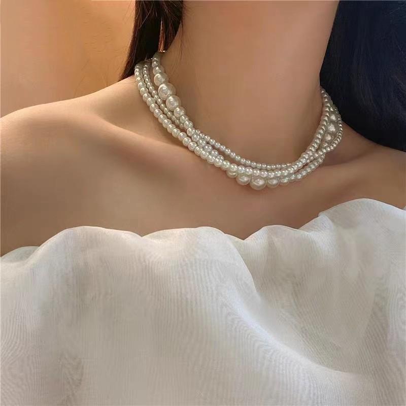 Y2K Layered Pearl Necklace for Women, Multi Layer French Retro Choker, Dainty Minimalist Stackable Pendant Chain, Daily Elegant Jewelry Gift