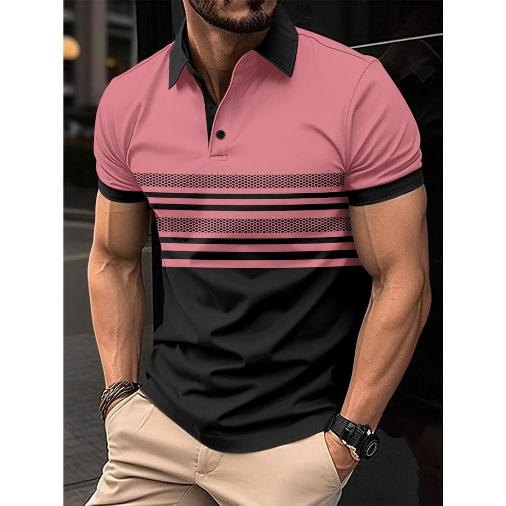 Summer New Men's Daily Sports Casual Stripe Printed Lapel Short Sleeve Pullover Shirt