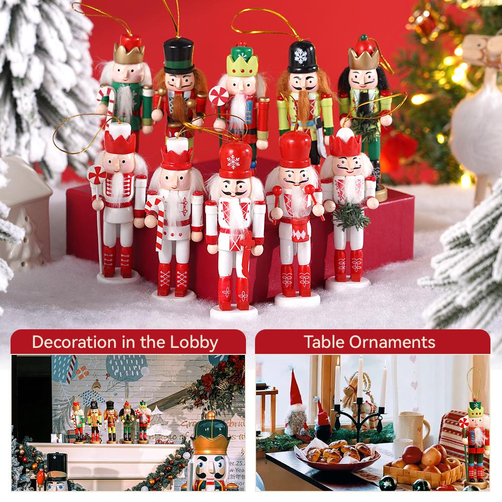 10Pcs/set 12cm Nutcracker Puppet Christmas Tree Pendant Wooden Handicraft Soldier Home Desktop Ornament Xmas New Year Decoration
