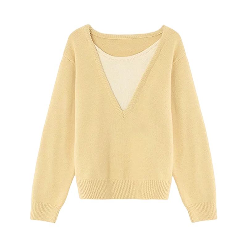 Autumn and winter new top yellow fake two-piece knitted sweater slim-fitting long-sleeved sweater women's high-end women's clothing