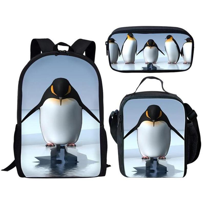 Klassiek Populair Bijzonder Grappig Schattig Pinguïn 3D Print 3 stuks/Set leerling Schooltassen Laptop Dagrugzak Rugzak Lunchtas Etui