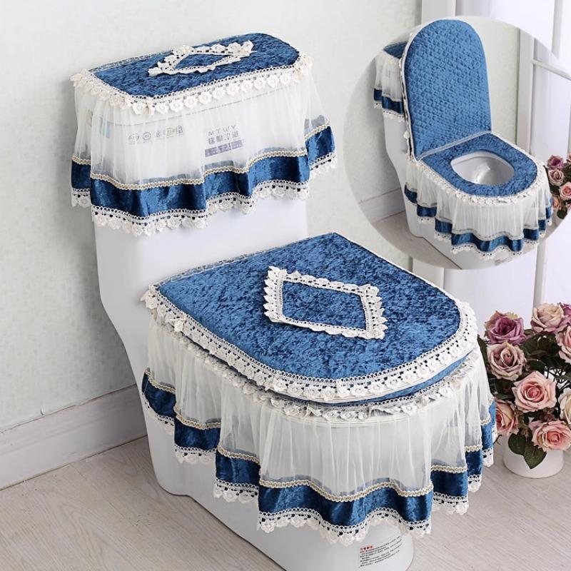 3pcs/Set Lace Embroidery Detachable Toilet Cover Cloth Dustproof Soft Toilet Seat Ring Cushion Home Decoration Toilet Cover