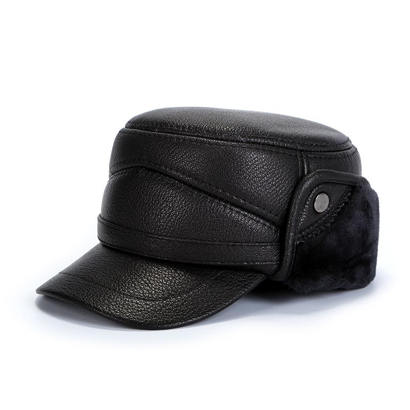 Men's Winter Cowhide Sheepskin Leather Hat - Thick, Warm Lei Feng Style for Middle-aged & Elderly