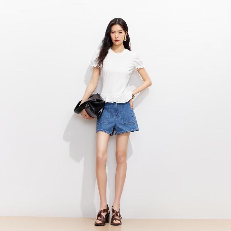 VEROMODA Ruffle Lace Trim Round Neck Slim Fit T-Shirt