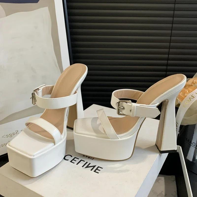 

Fashion Eilyken Fashion Platform Buckle Strap Narrow Band Peep Toe Women Slippers Street Style Square High Heels Ladies Shoes 35 белый