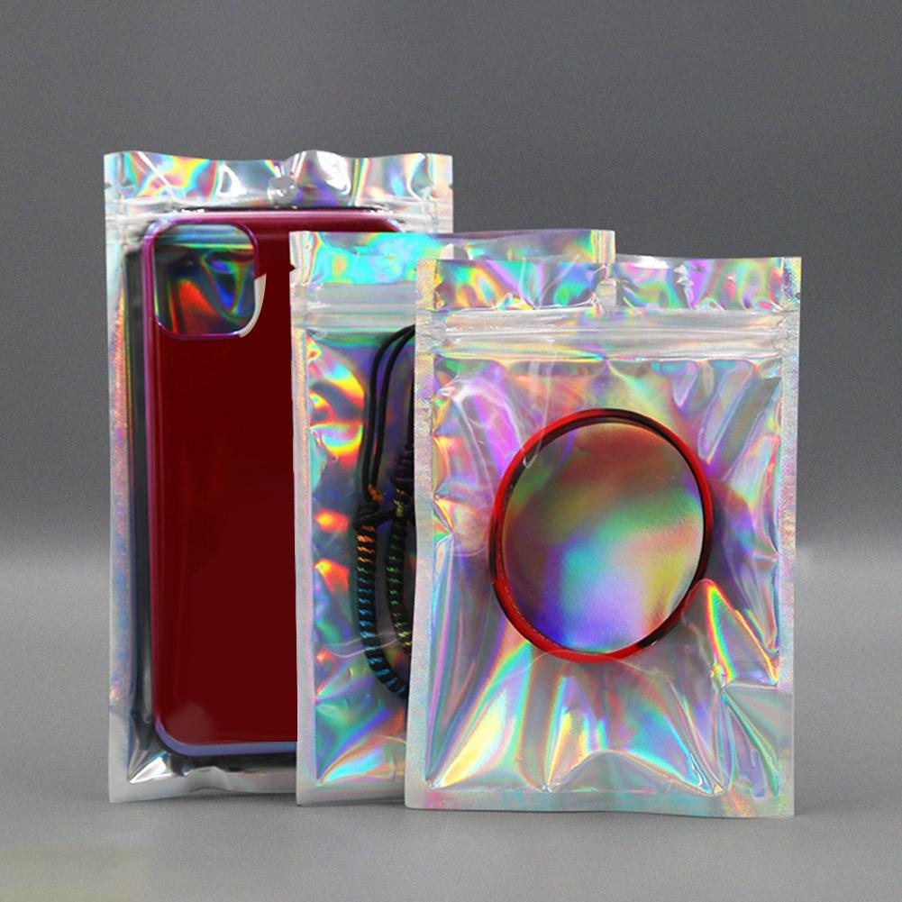 100pcs Laser Zip Lock Bag Holographic Iridescent Pouches Smell Proof Mylar Bags Resealable Packaging Pouch Jewelry Storage Bag