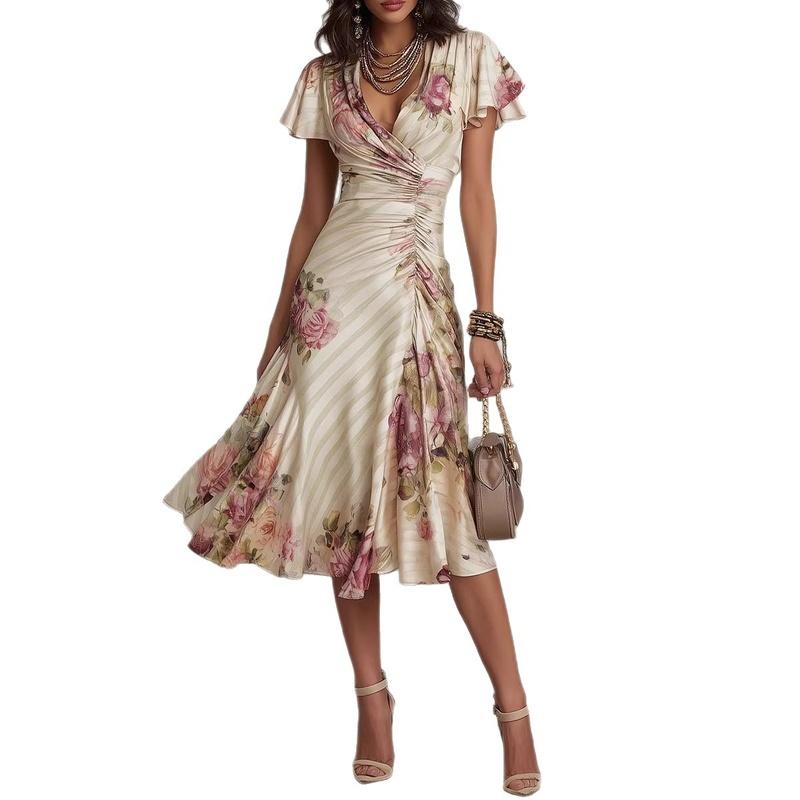 Women's Floral Print V Neck Short Sleeve Ruched Waist A Line Midi Dress