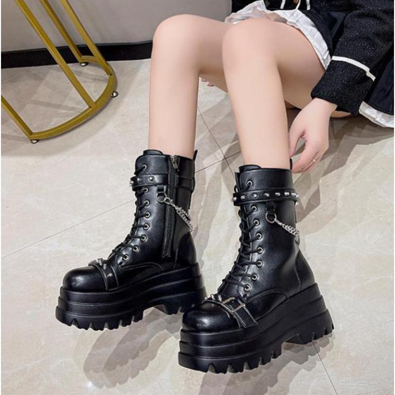 Fashion Platform Thick Gothic Boots Lady Buckle Autumn Shoes Women Wedges Mid-calf Boots Punk Street Cosplay Chain Motorcycle Botas