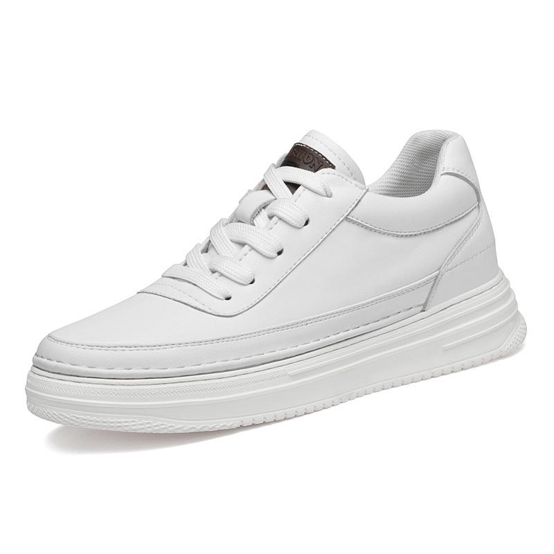Men s Height-Increasing Thick Sole White Cowhide Platform Sneakers 37