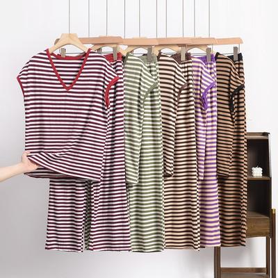 Frühlings- und Sommer-Neues Retro-Gestreiftes V-Ausschnitt Kurzarm-Shorts-Set, Locker und Lässig Übergröße Dünne Hausbekleidung