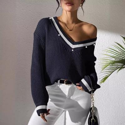 Damen Herbst-Winter Gespleißter V-Ausschnitt Langarm Perlenbesetzter Casual Pullover