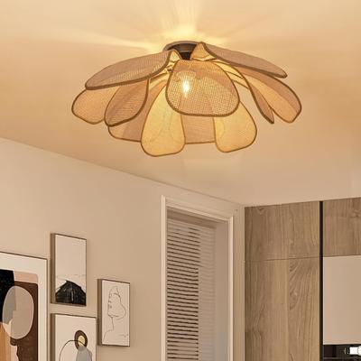 JOYINLED Flower Petal Rattan Pendant Light, Hand-Woven Boho Bamboo Chandelier for Dining Room Kitchen Island Living Room Bedroom
