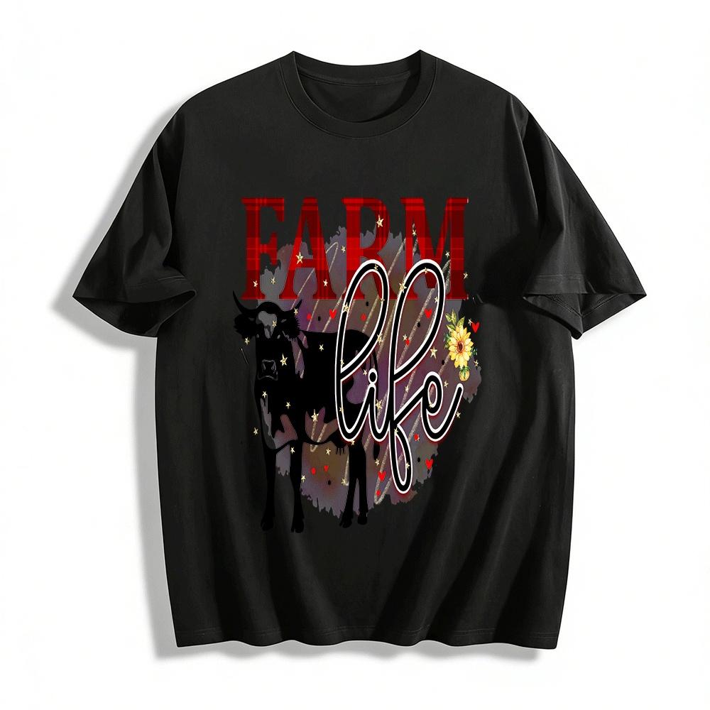 

Farm Life Cow Print Casual Country Style Top Pure cotton T-shirt XXS