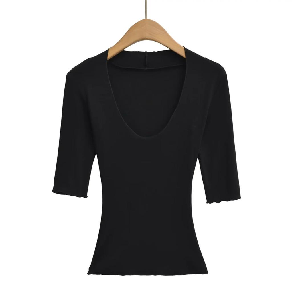 Women's Scoop Neck 3/4 Sleeve Slim Fit T Shirt Solid Color Basic Crop Top Casual Tee