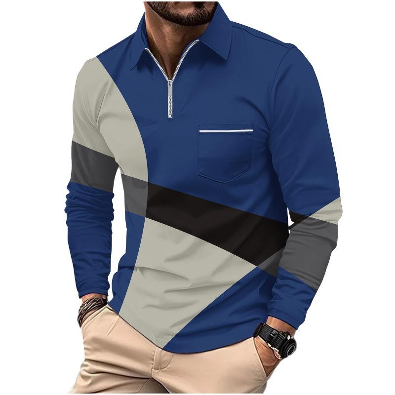 Men's Printed Polo Shirt with Zipper Pocket Sports Long Sleeved Polo Shirt