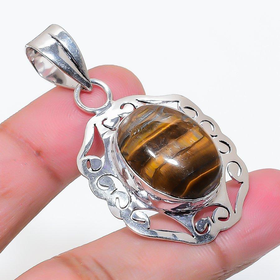 Natural Tiger Eye Gemstone 925 Sterling Silver Jewelry Pendant 1.85" AP-16262