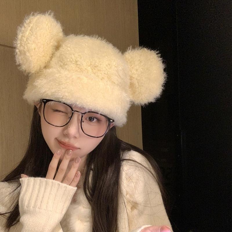 Furry Cartoon Bear Hat with Lovely Ear for Outdoor Sports Furry Hat with Ear Oversized Headgear Hat for Winter