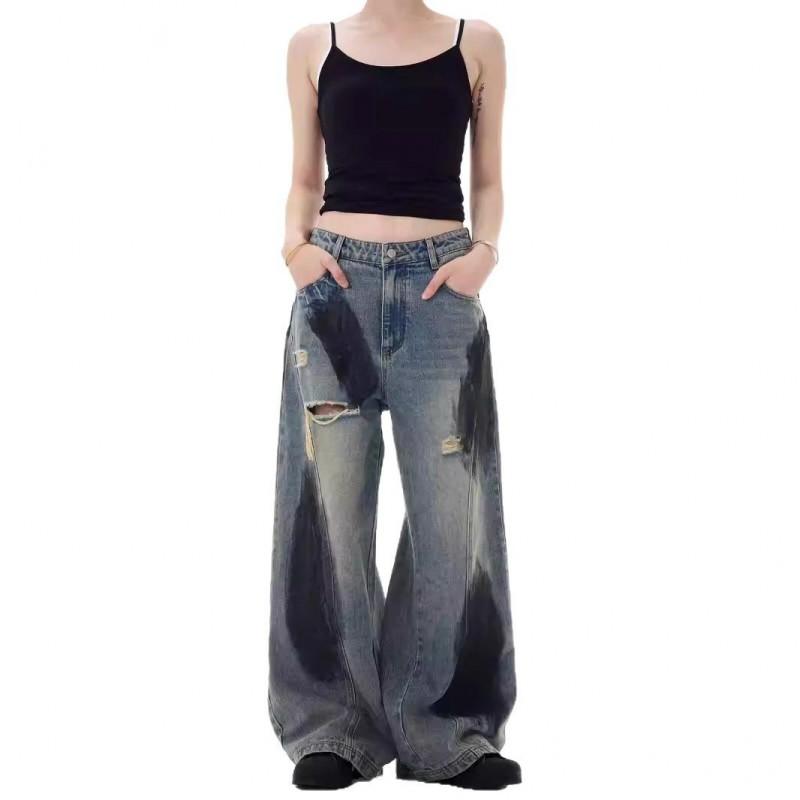 Mens Relaxed Wide Leg Denim Pants With Fringe Patchwork Design Vintage Streetwear Style