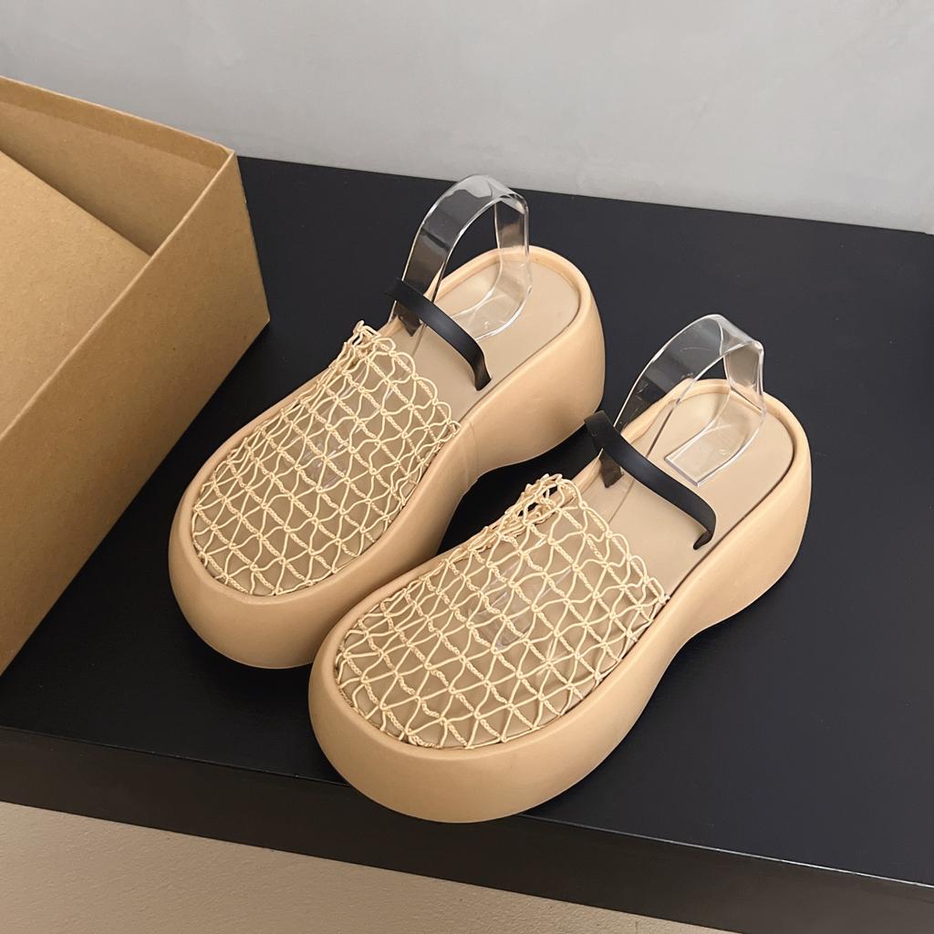 Fashion Vintage Mesh Cut-Out Closed Toe Platform Sandals Women Chunky Wedge Heel Beach Resort Slippers Summer Single Strap Outdoor Shoes