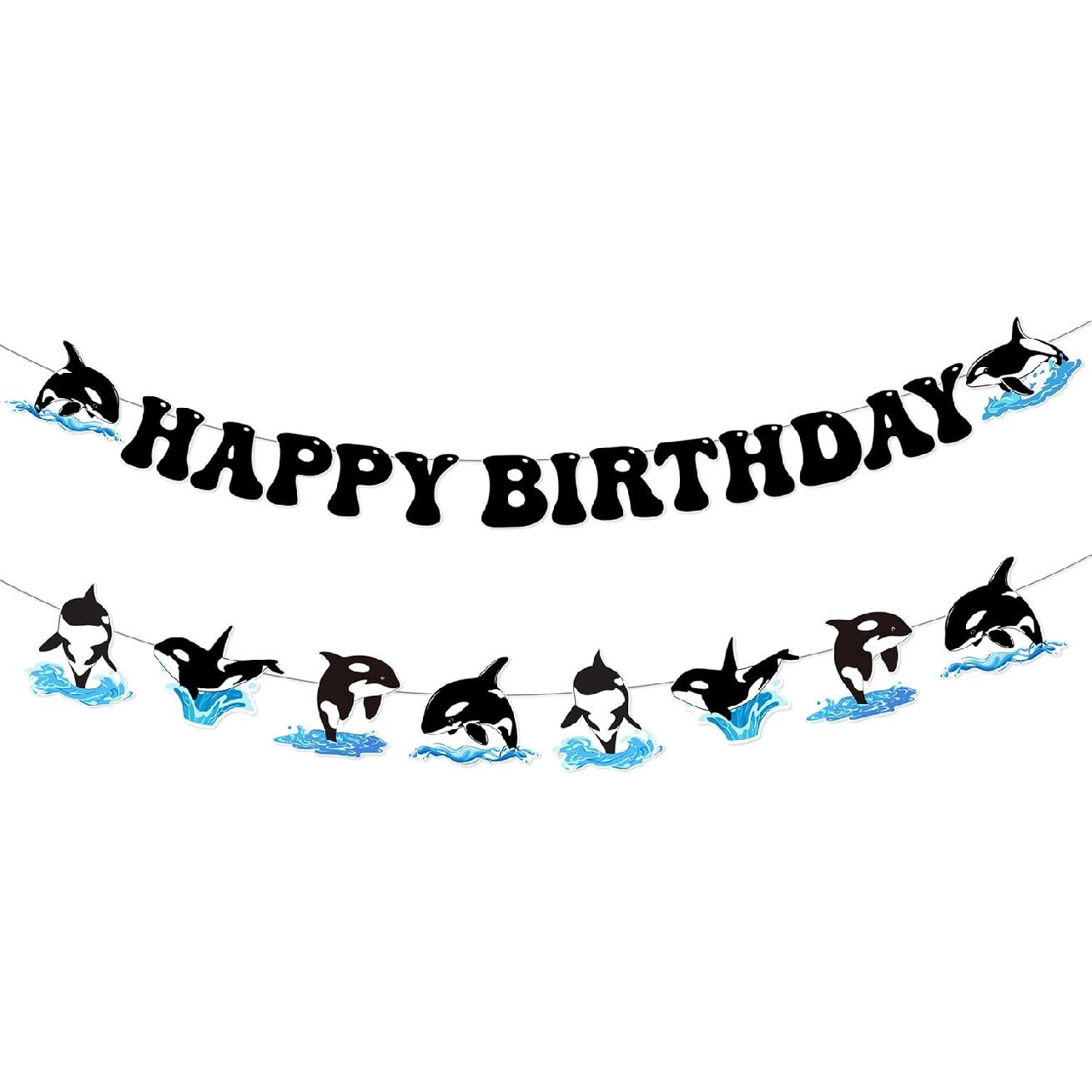 Orca Birthday Party Decorations, Whale Theme Happy Birthday Banner Killer Whale Theme Ocean Whale Garland DIY Craft for Under The Sea Birthday Party