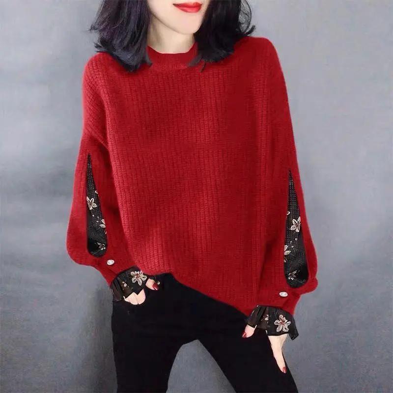 

WTEMPO осень зима женские большие размеры O-образный вырез длинный рукав свитер женский элегантный однотонный повседневный свободный вышитый сетчатый трикотажный пуловер L