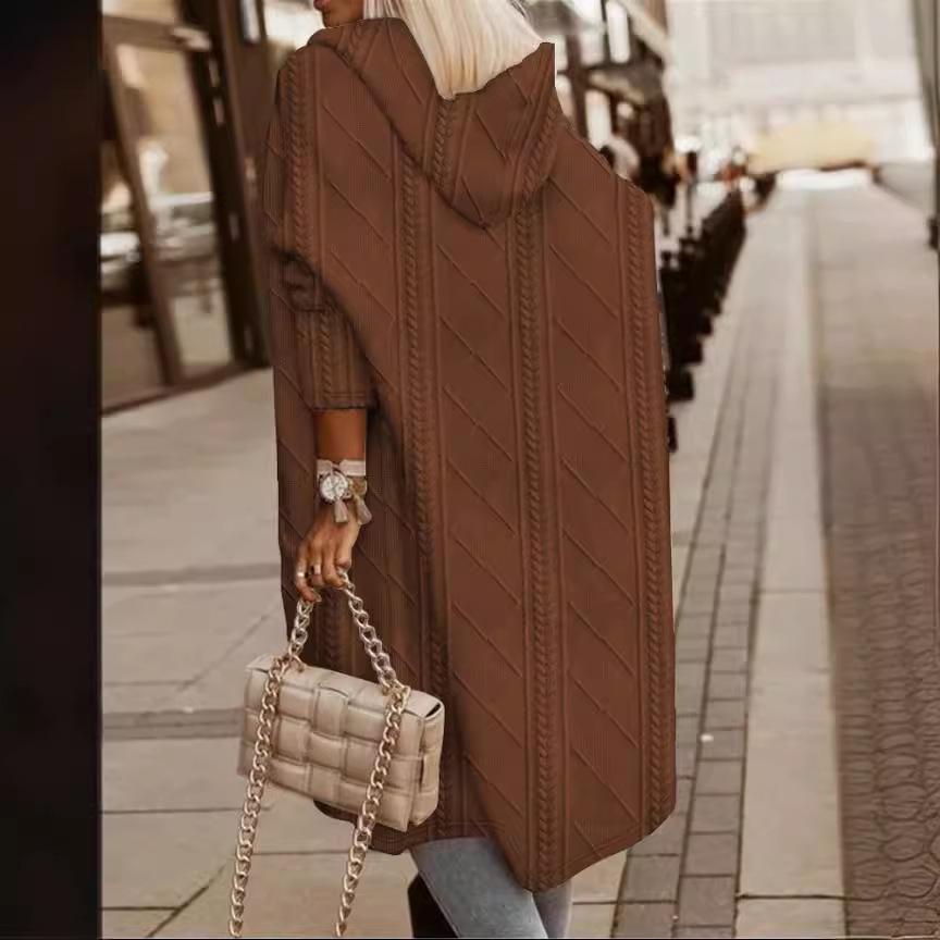 

Women s European & American Cable Knit Hooded Mid-Length Trench Coat Small