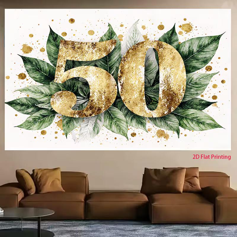 2D Gold Green Leaves 50th Birthday Photography Backdrop, Adult Birthday Decor
