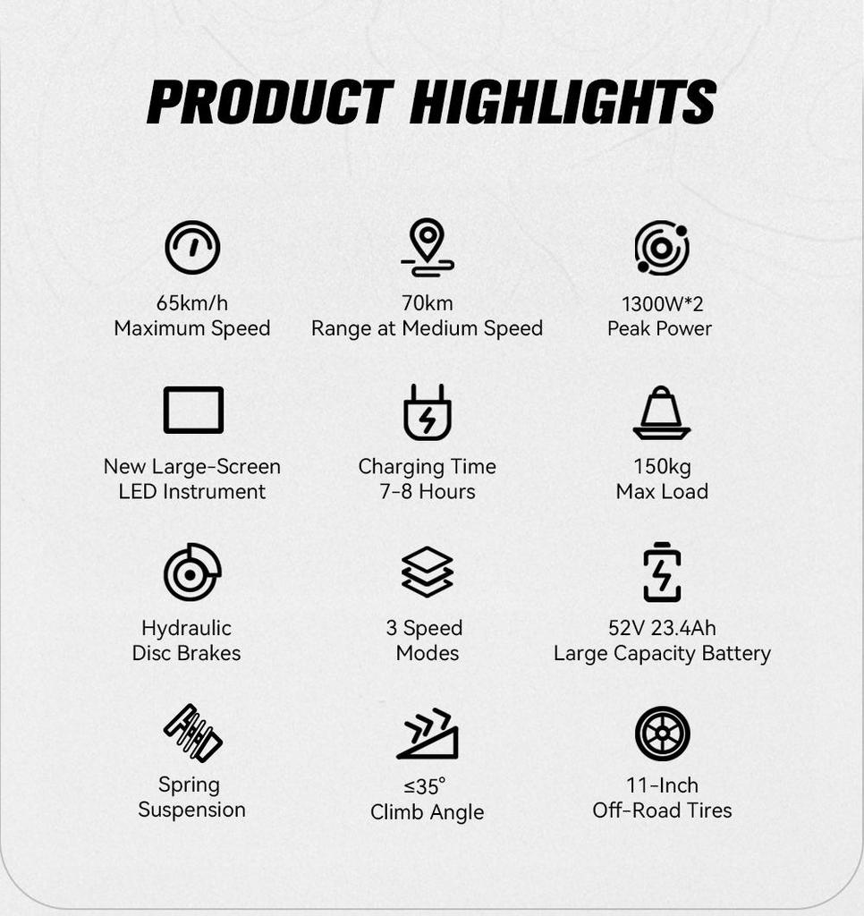 Electric Scooter OOTD T10 Pro 11" 1300Wx2 Motor LCD Display 52V 23.4AH Full Suspension Electric Scooter For Adult Max Load 150Kg