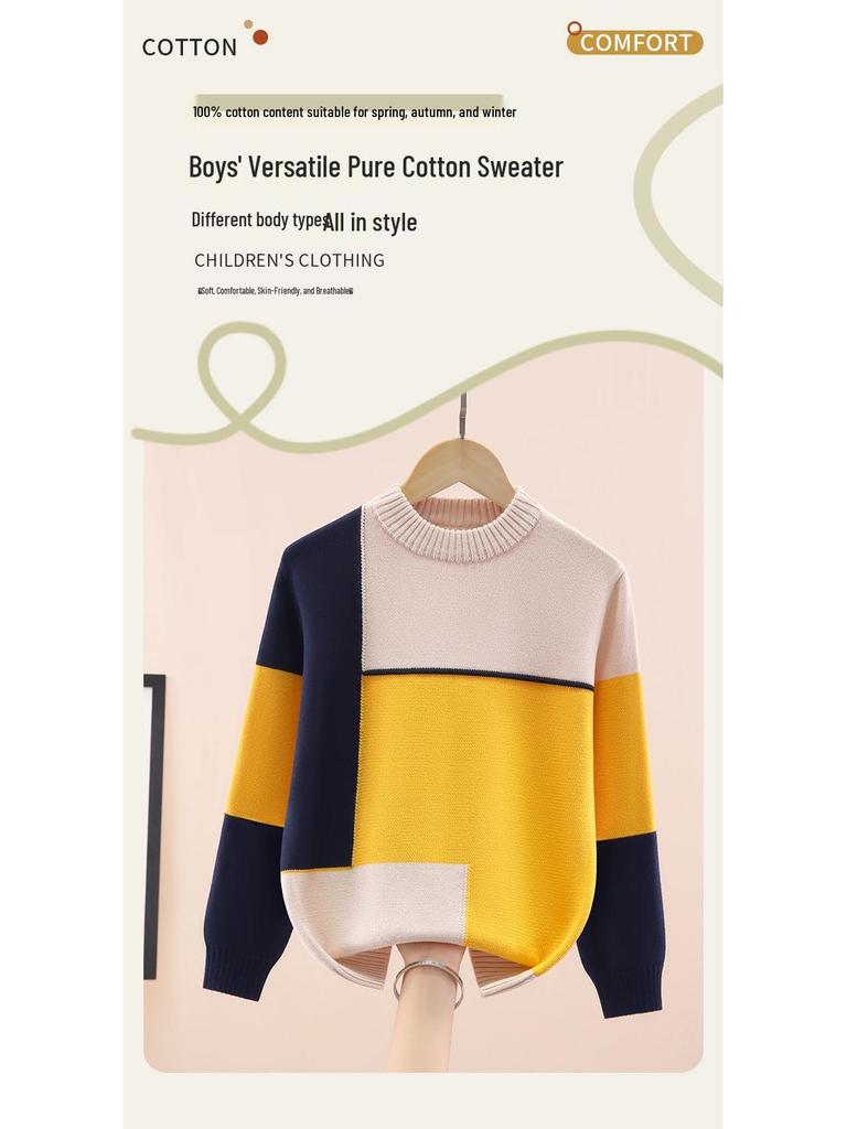 Chłopięcy bawełniany sweter z okrągłym dekoltem w blokach kolorystycznych - z podszewką polarową, gruby dzianinowy na jesień/zimę.
