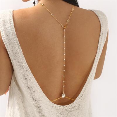 New Crystal Zircon Pearl Back Drop Chain Necklace For Women Elegant Long Backless Tassel Necklace Wedding Beach Party Jewelry