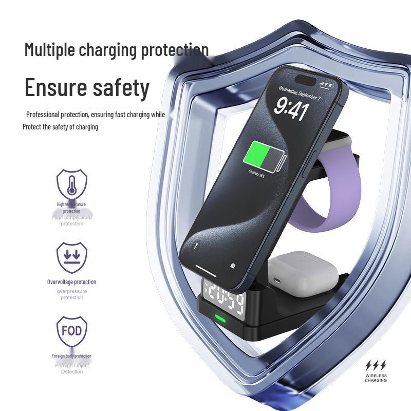 3-in-1 Wireless Charger: Alarm Clock, Magnetic Phone Stand, Fast Charging for Apple Watch & Earphones