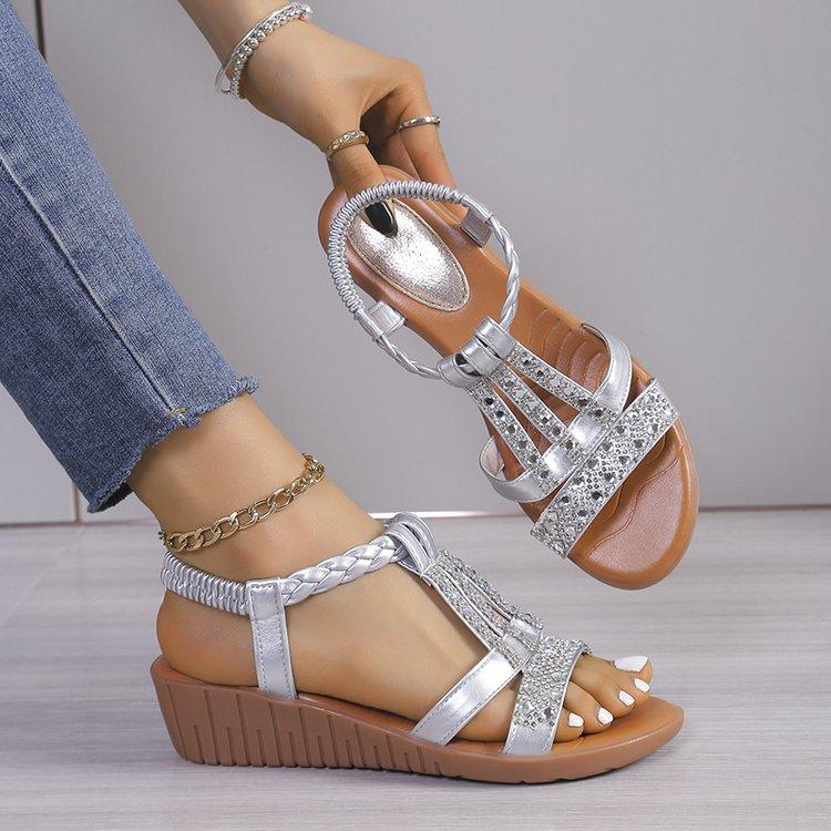 Fashion Women Wedge Sandals Summer Bohemia Rhinestones Casual Platform Middle Heel Sandals Female Peep Toe Outdoor Beach Sandales Shoe