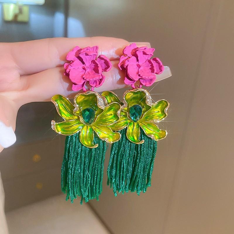 Silver needle chiffon flower fringed stud earrings sweet Mori dopamine earrings niche trend versatile earrings fashion women