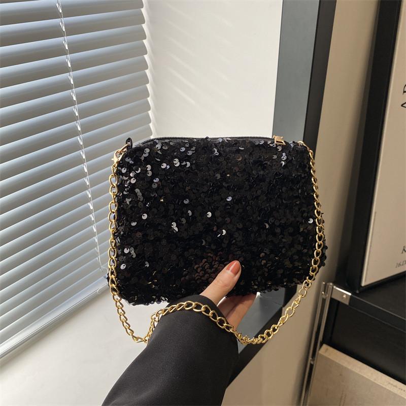 Black And White Sparkly Underarm Bag Women 2024 New Spring Nightclub Chain Small Square Bag Street Fashion