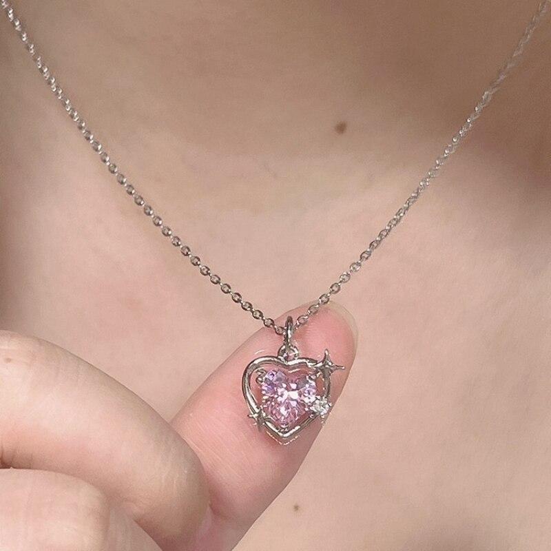 1pcs Silver-plated Necklace Women Light Luxury Fashion Pink Glass Diamond Heart Pendant Jewelry
