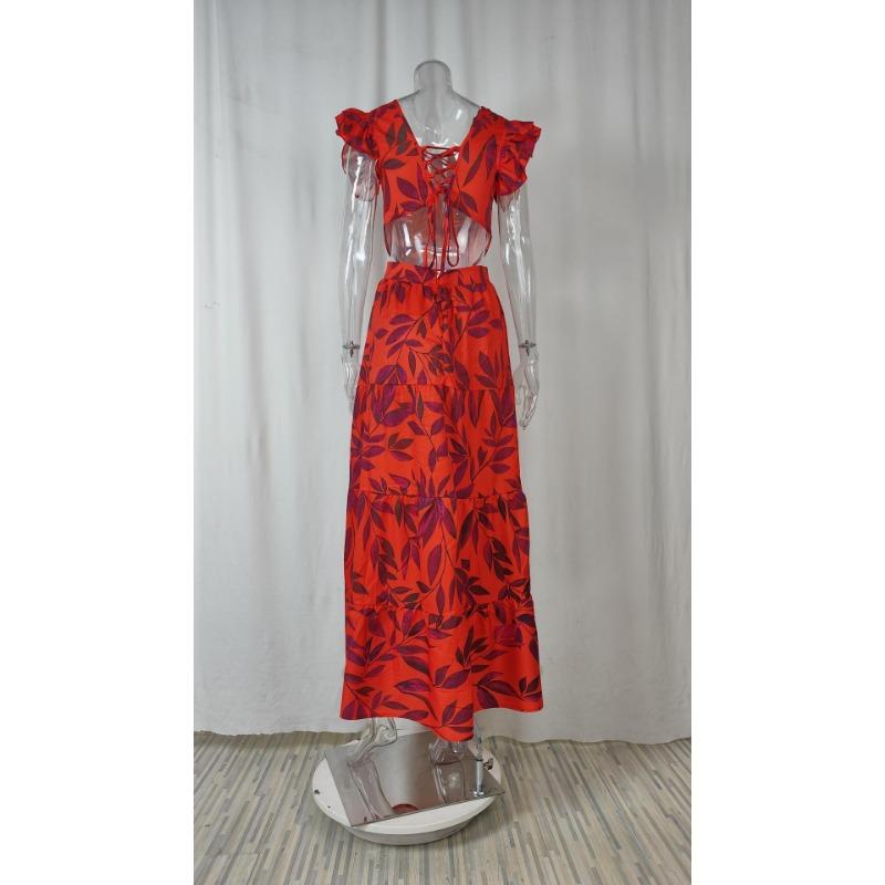 Sommerkleid für Damen, bedruckt, Rundhalsausschnitt, langer Rüschensaum