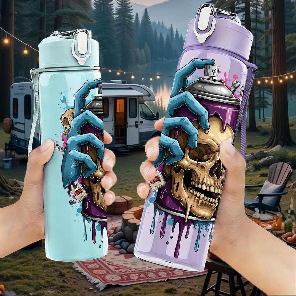 1PC Cool Skull Street Art 750ml Color Plastic Sports Water Bottle Leakproof Flip Straw Lid Suitable for Sports Office Home Use