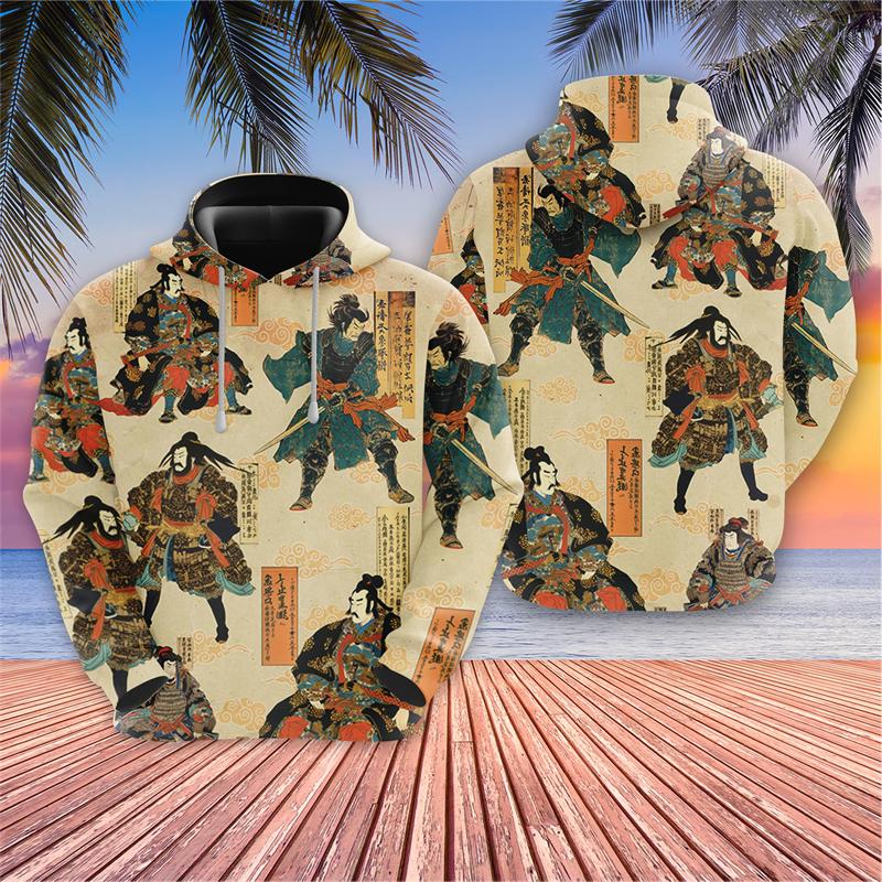 Japońskie samurajskie bluzy graficzne Harajuku Fashion Cherry Blossoms bluzy z kapturem dla mężczyzn ubrania Warrior Cat Y2k bluza z kapturem dla chłopców