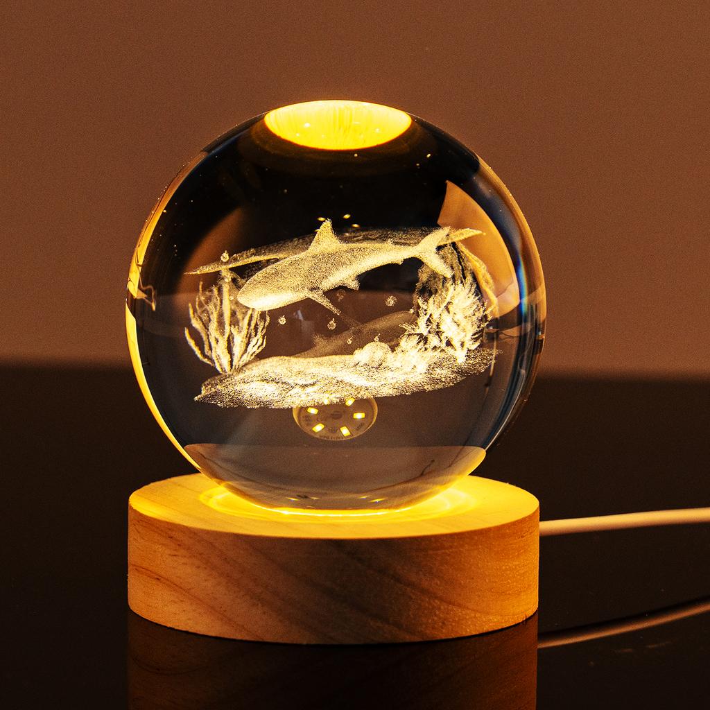 Popular Marine Ocean Animal 3D Laser Engraved Crystal Glass Ball Home Decoration LED Polished Carved 60 80mm Dolphin Whale Shark