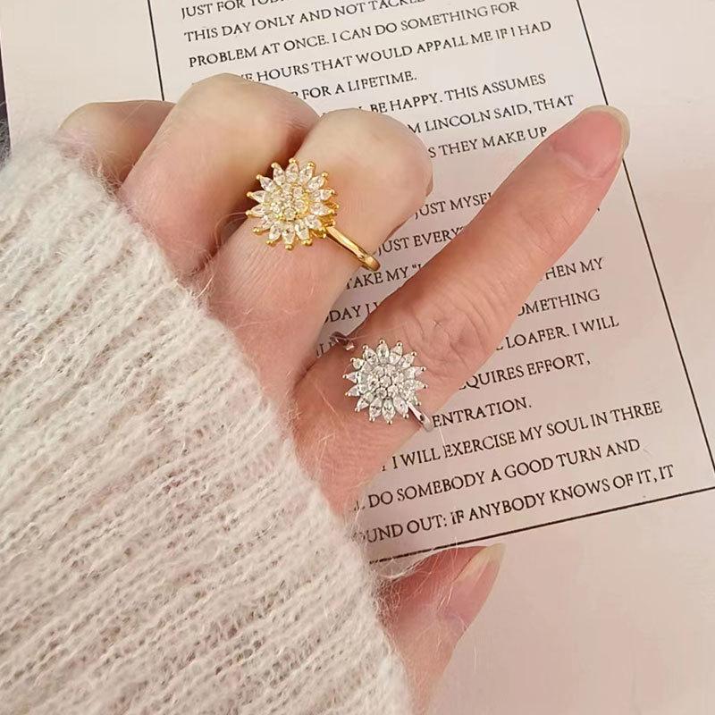 ZAKOL Fashion Crystal Sunflower Rings For Women Elegant Clear Zirconia Adjustable Flower Ring Engagement Wedding Zircon
