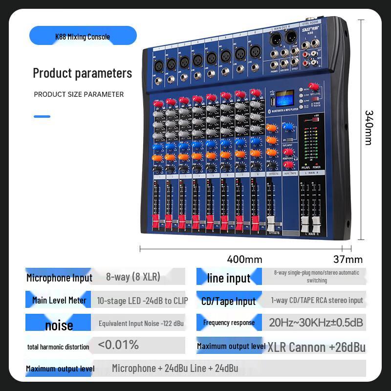 SAST K88 Professional 8-Channel Audio Mixer with Bluetooth & Reverb CN plug (adapter included)