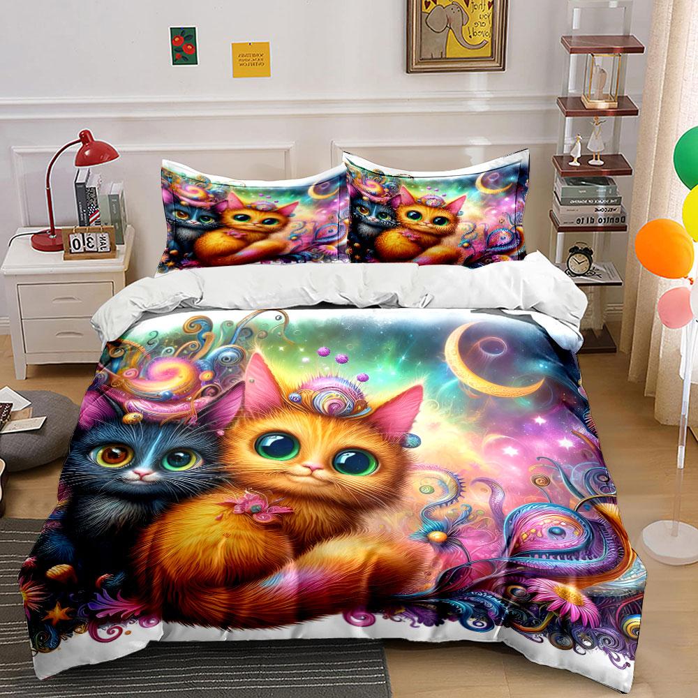 Whimsical Cosmic Kittens' Charm Bedding Sets Duvet Covers Pillowcases(1* Duvet Cover 2* Pillowcases Without Duvet Insert)
