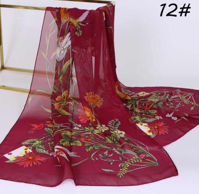 Chiffon Floral Elegant Scarves Silk Scarf Fashion Women Flower Printed Long Soft Wrap Scarf Simulation Silk Shawl Beach Scarf