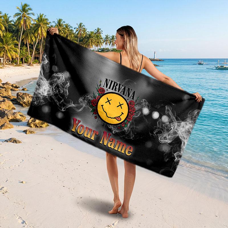 Nirvana Customized Name Text Beach Towel, Soft Absorbent Towel Beach Pool Travel Personal Gift