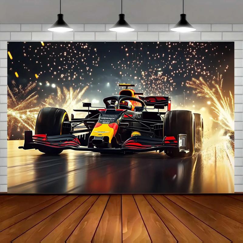 1 2D Formula racing theme photo banner with sparks - bright red and black formula car design, racing party decoration