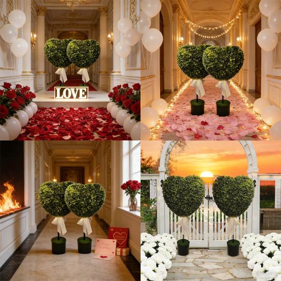 Yapay Yeşil Bitkiler Kalp Şeklinde Saksıda Beyaz Kurdele Fiyonklu Dekor Bakım Gerektirmez Sevgililer Günü Ev Dekorasyonu İçin Sahte Mini Kalp Şeklinde Ağaçlar