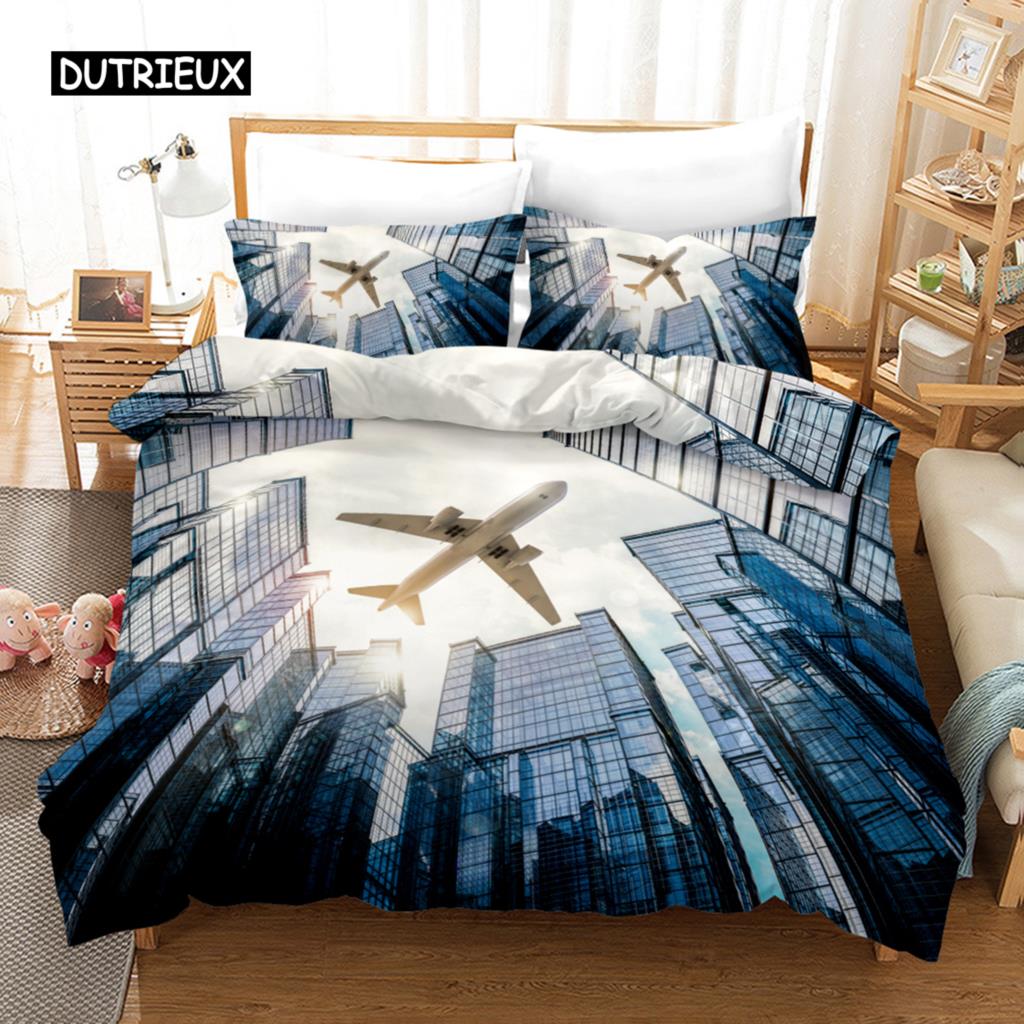 Plane Duvet Cover Microfiber Airplane Flying Through The Blue Sky Plane Theme Bedding Set for Boys Girls Double Queen King Size