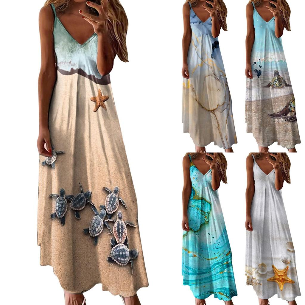 Fashion Womens Loose Summer Sexy Print V-neck Long Sleeveless Dress